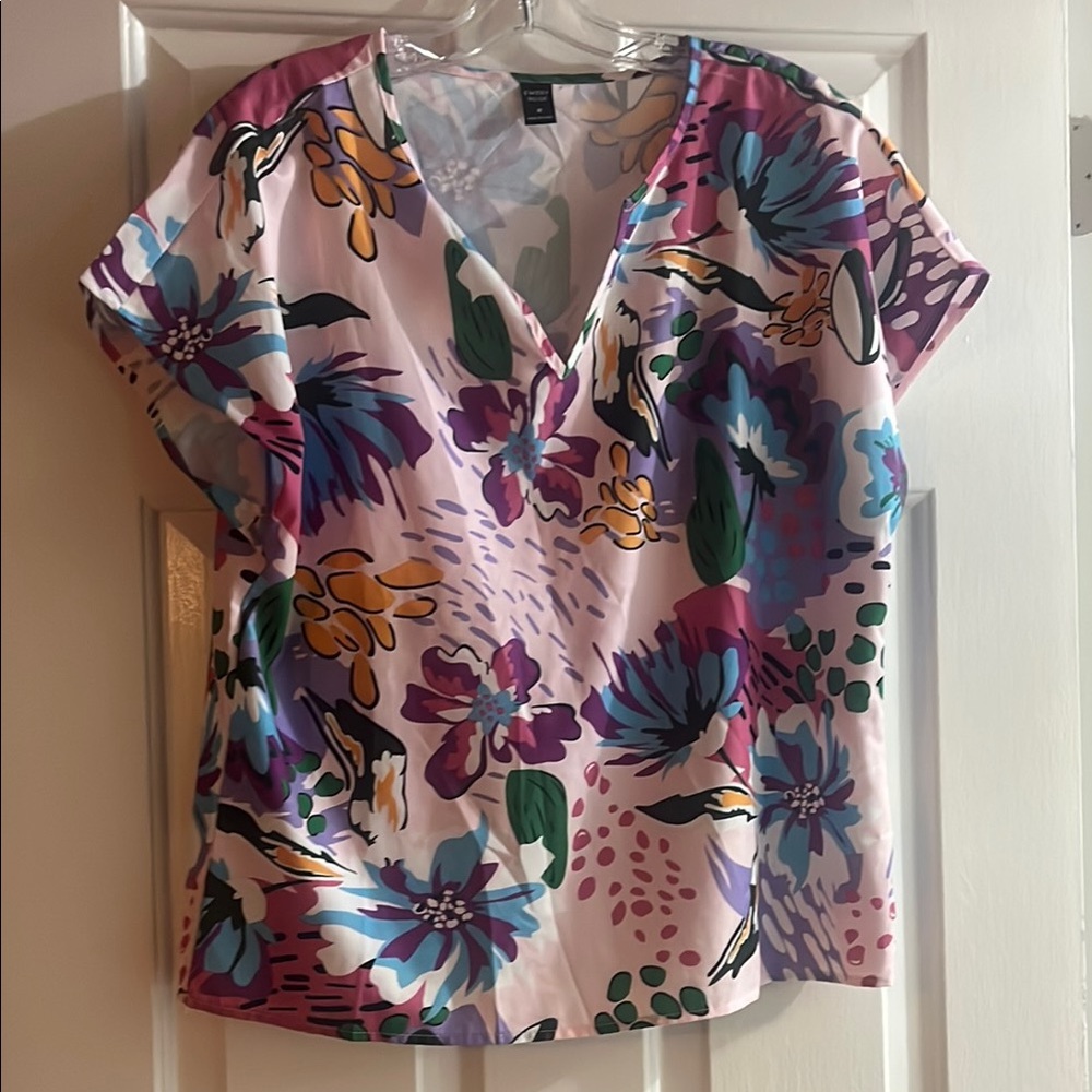 SHEIN Pink and Purple Relaxed Graphic Blouse Short Sleeve